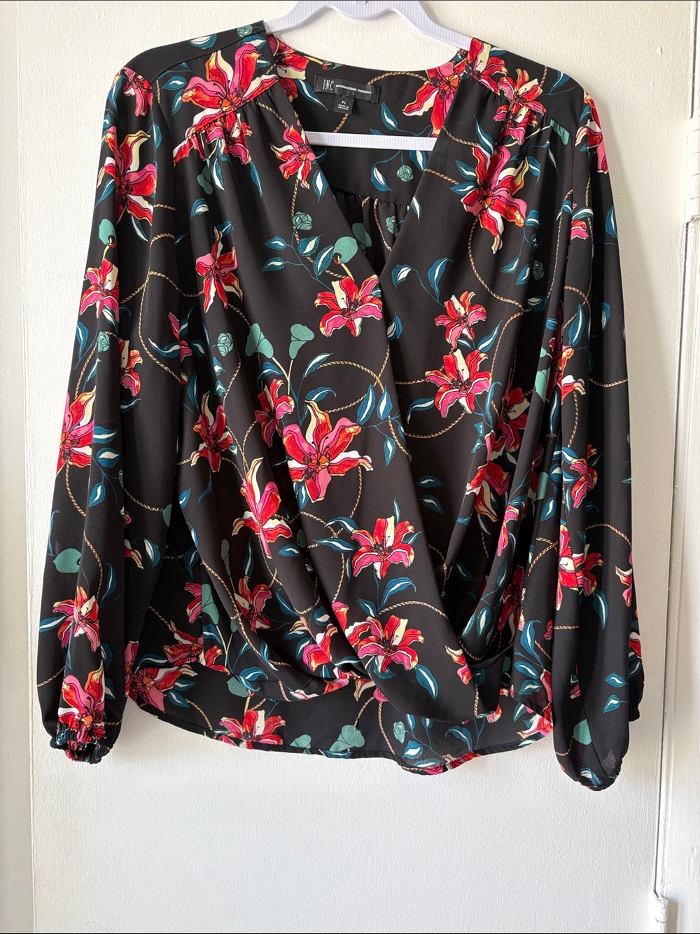 INC International Concepts Black Surplice Blouse with Pink Floral Print